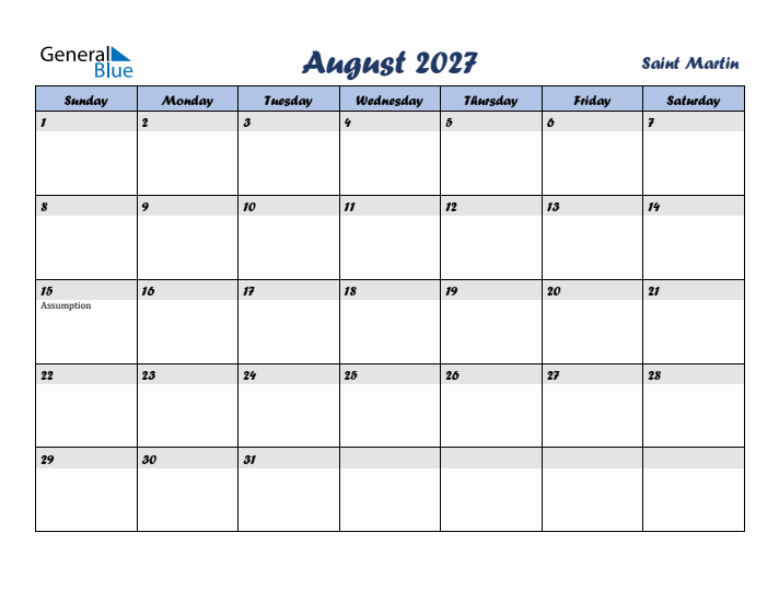 August 2027 Calendar with Holidays in Saint Martin