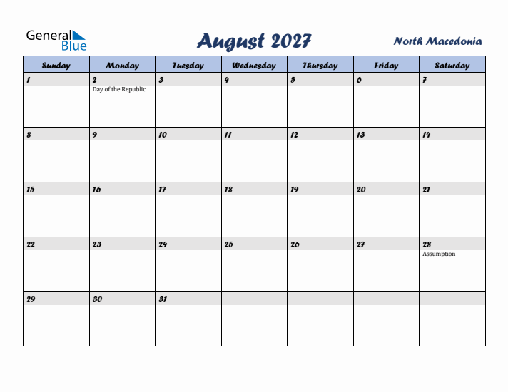 August 2027 Calendar with Holidays in North Macedonia