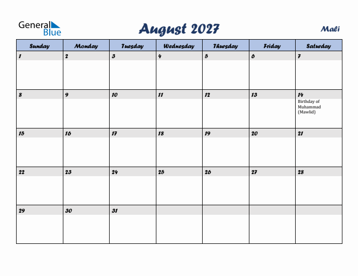 August 2027 Calendar with Holidays in Mali