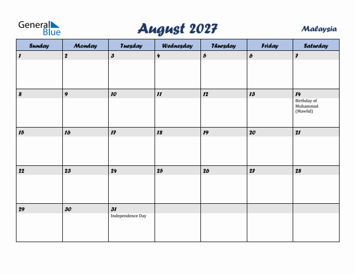 August 2027 Calendar with Holidays in Malaysia