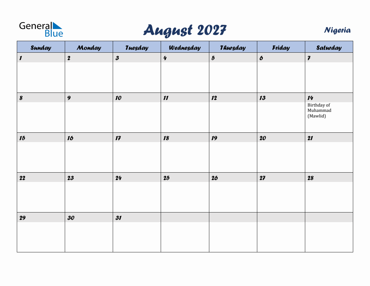 August 2027 Monthly Calendar Template with Holidays for Nigeria