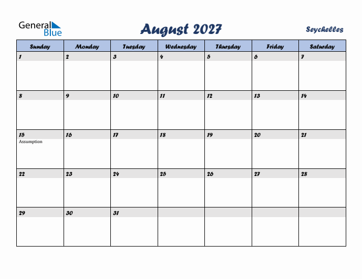 August 2027 Calendar with Holidays in Seychelles