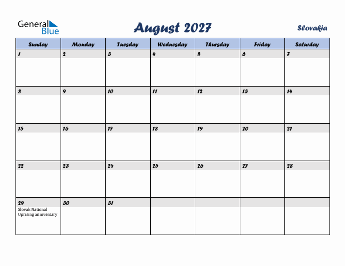 August 2027 Calendar with Holidays in Slovakia