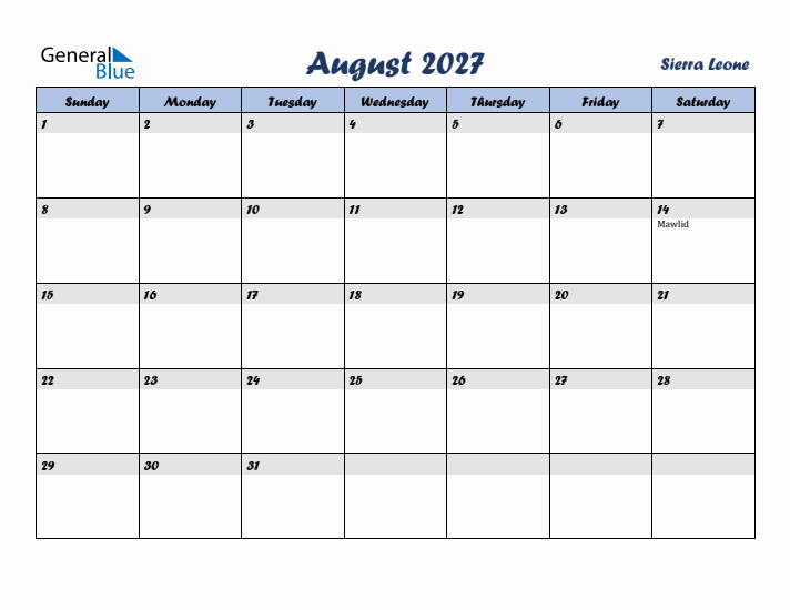 August 2027 Calendar with Holidays in Sierra Leone