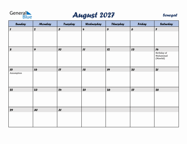 August 2027 Calendar with Holidays in Senegal