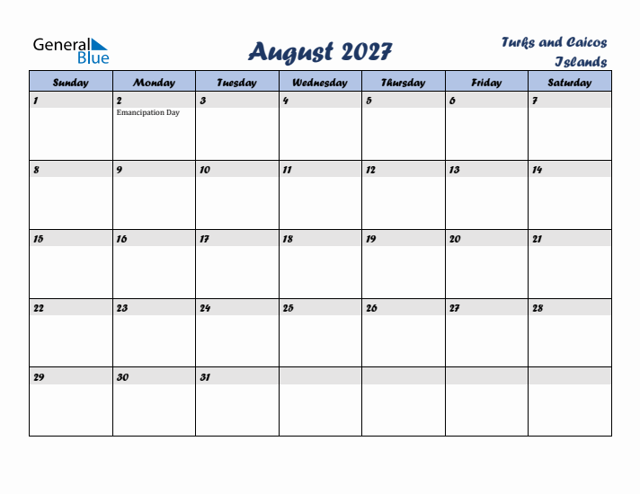 August 2027 Calendar with Holidays in Turks and Caicos Islands