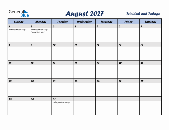 August 2027 Calendar with Holidays in Trinidad and Tobago