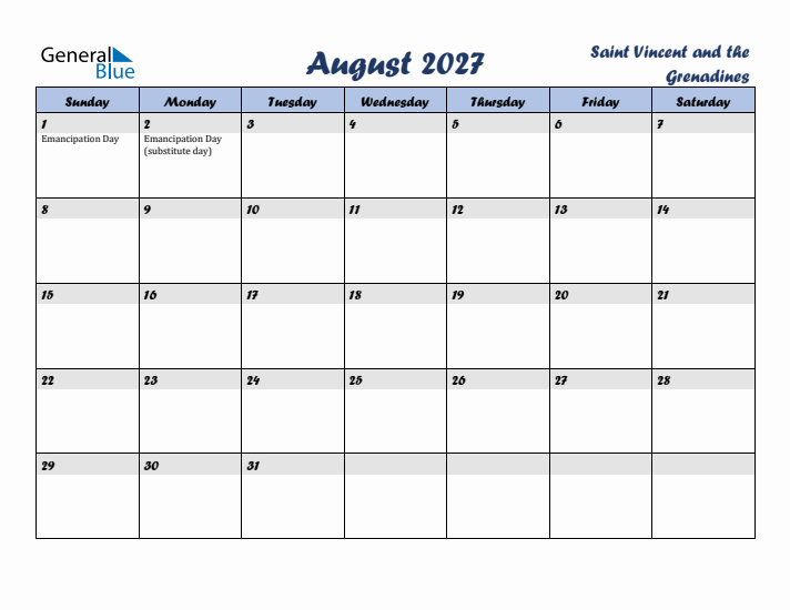 August 2027 Calendar with Holidays in Saint Vincent and the Grenadines