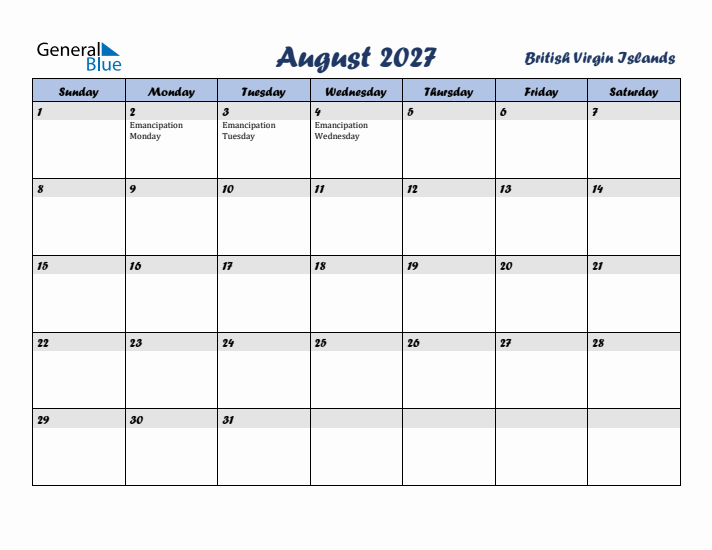 August 2027 Calendar with Holidays in British Virgin Islands