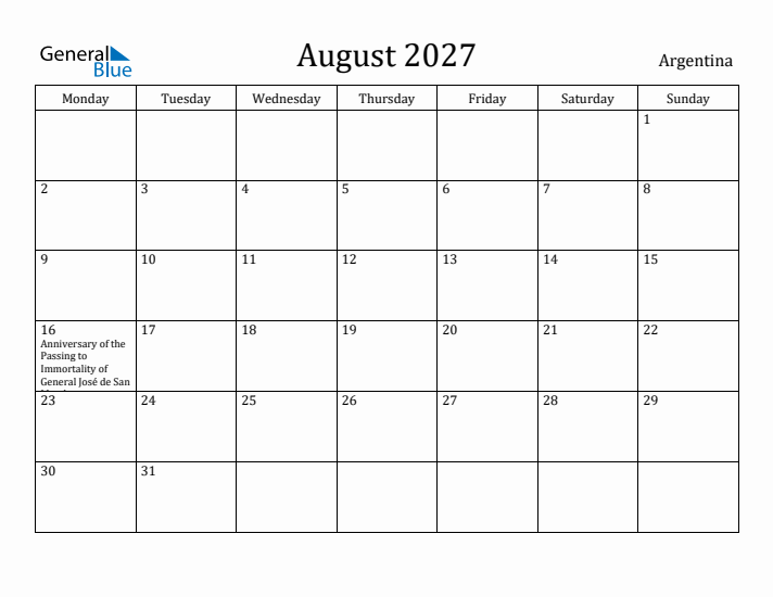 August 2027 Calendar Argentina