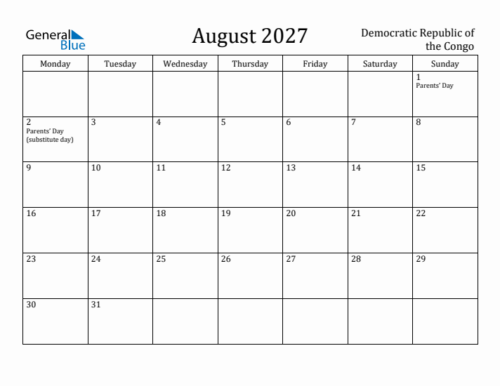 August 2027 Calendar Democratic Republic of the Congo