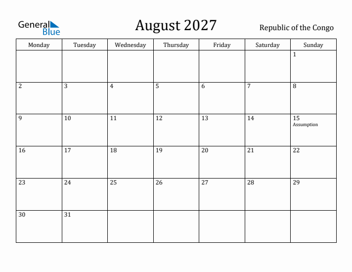 August 2027 Calendar Republic of the Congo