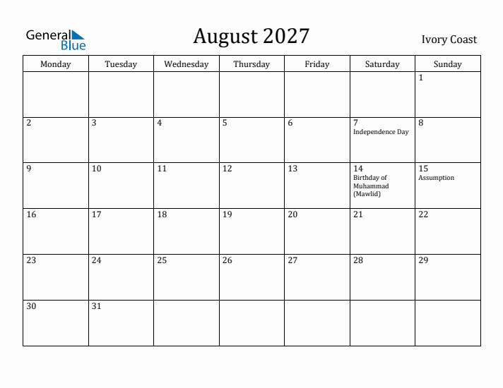 August 2027 Calendar Ivory Coast