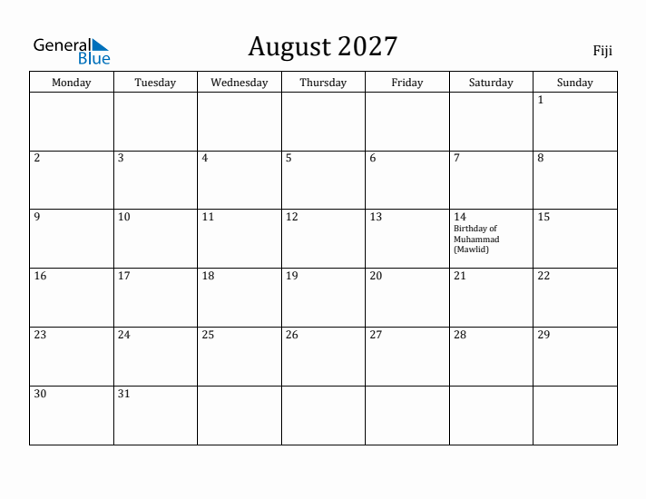 August 2027 Calendar Fiji