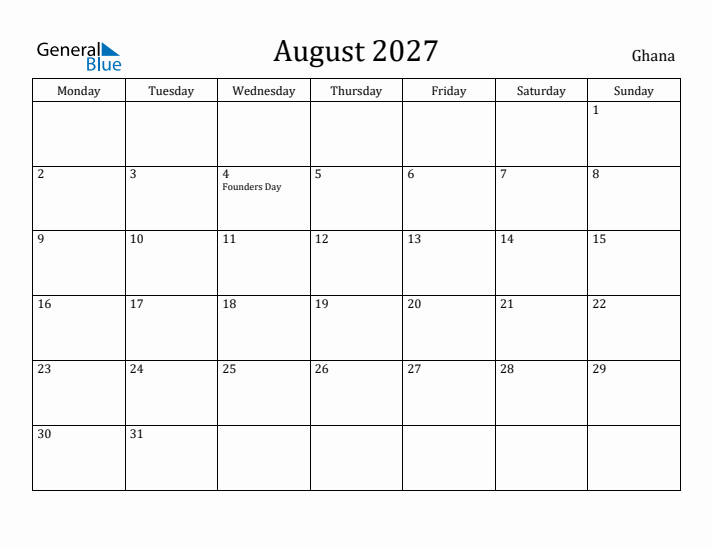 August 2027 Calendar Ghana
