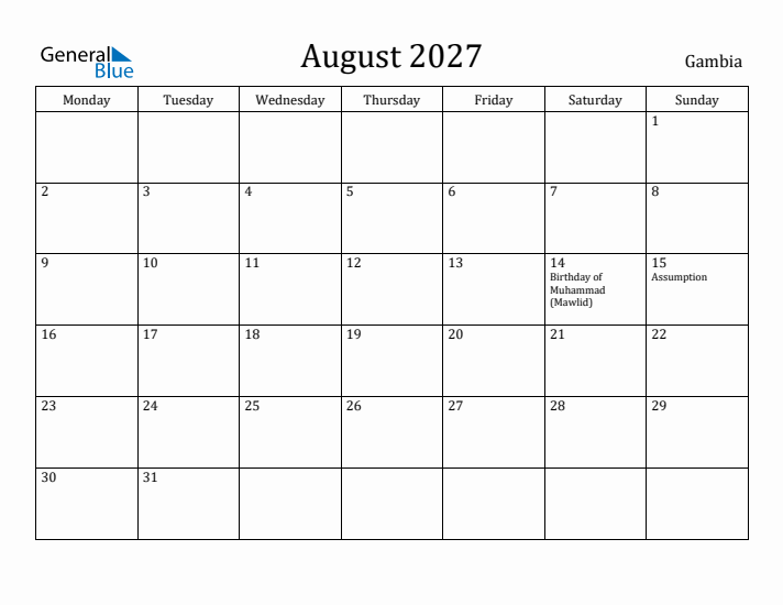 August 2027 Calendar Gambia