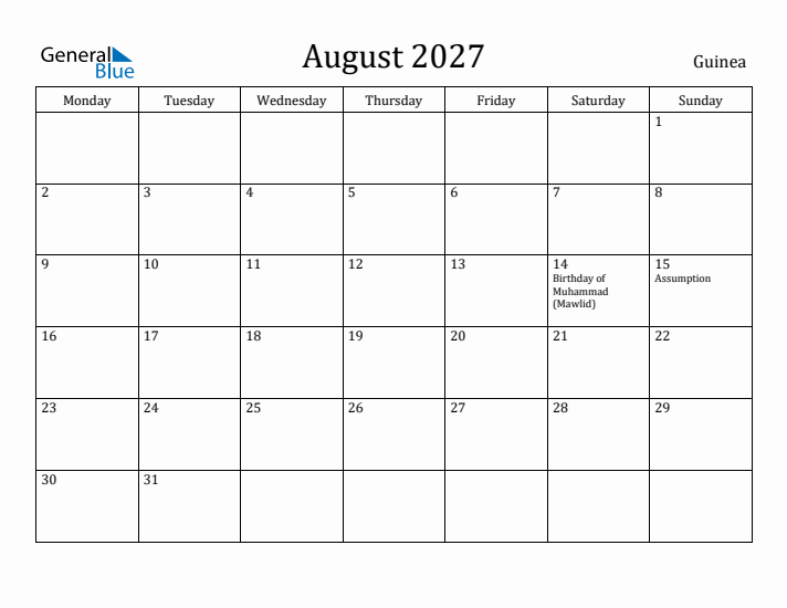 August 2027 Calendar Guinea