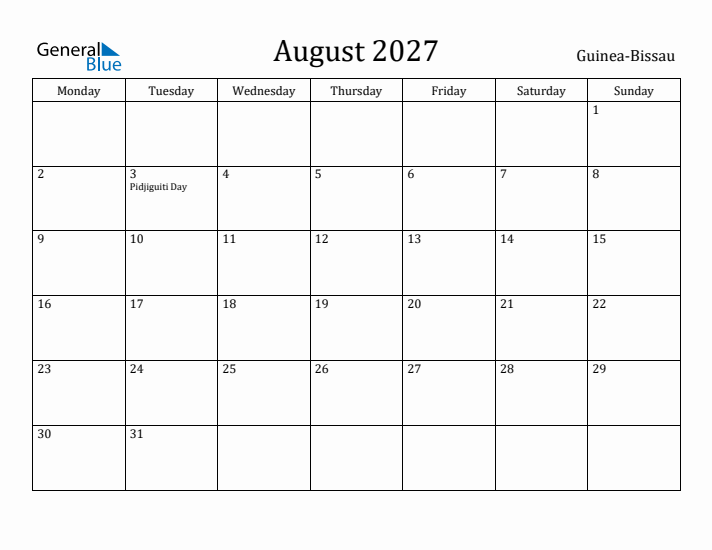 August 2027 Calendar Guinea-Bissau