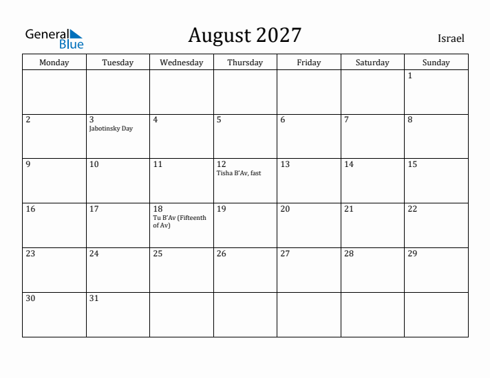 August 2027 Calendar Israel