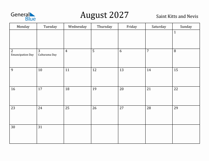 August 2027 Calendar Saint Kitts and Nevis
