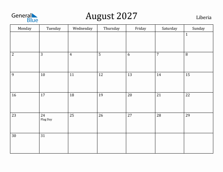 August 2027 Calendar Liberia