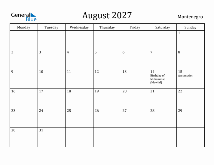 August 2027 Calendar Montenegro