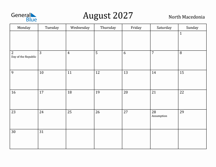 August 2027 Calendar North Macedonia