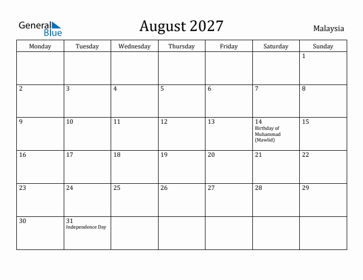 August 2027 Calendar Malaysia