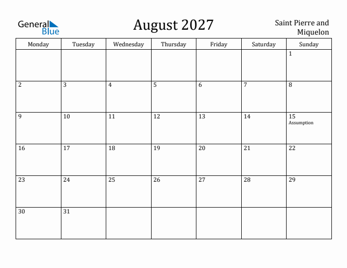 August 2027 Calendar Saint Pierre and Miquelon