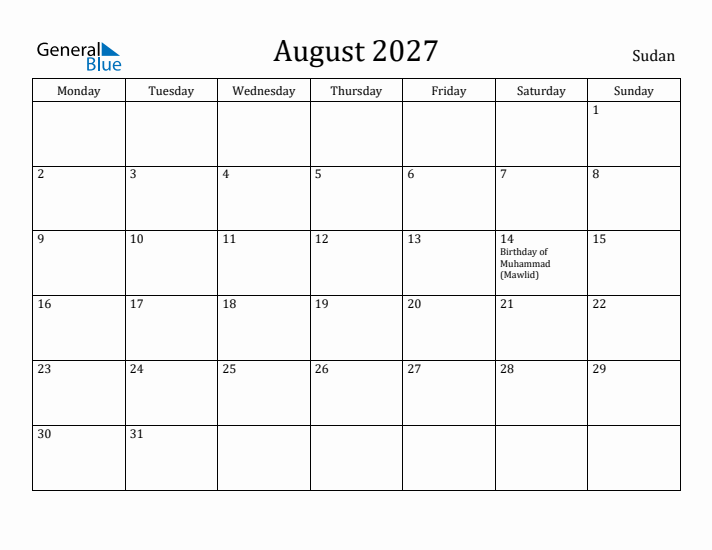August 2027 Calendar Sudan