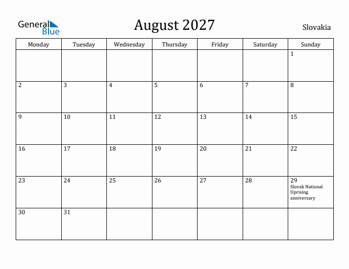 August 2027 Calendar Slovakia
