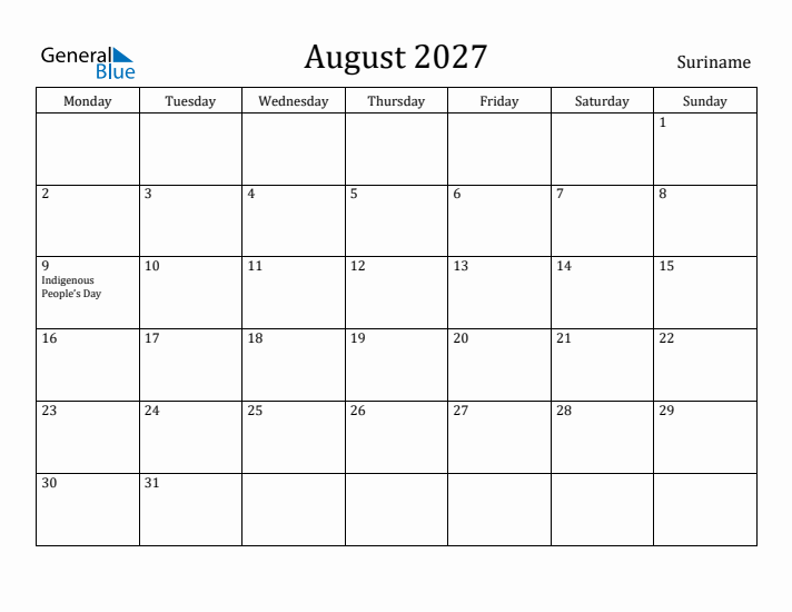 August 2027 Calendar Suriname
