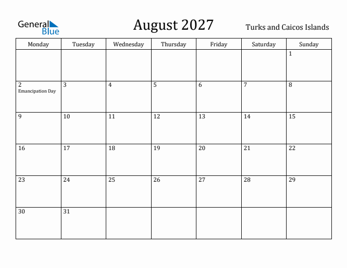 August 2027 Calendar Turks and Caicos Islands
