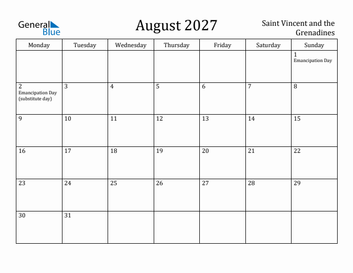 August 2027 Calendar Saint Vincent and the Grenadines