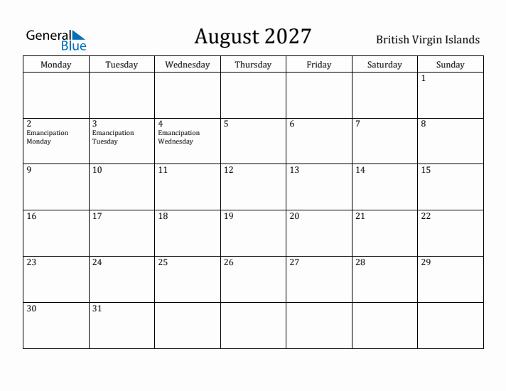 August 2027 Calendar British Virgin Islands