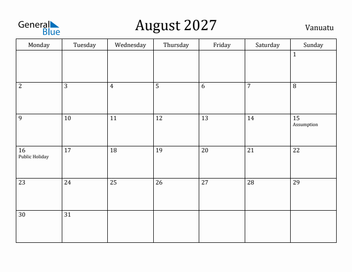 August 2027 Calendar Vanuatu