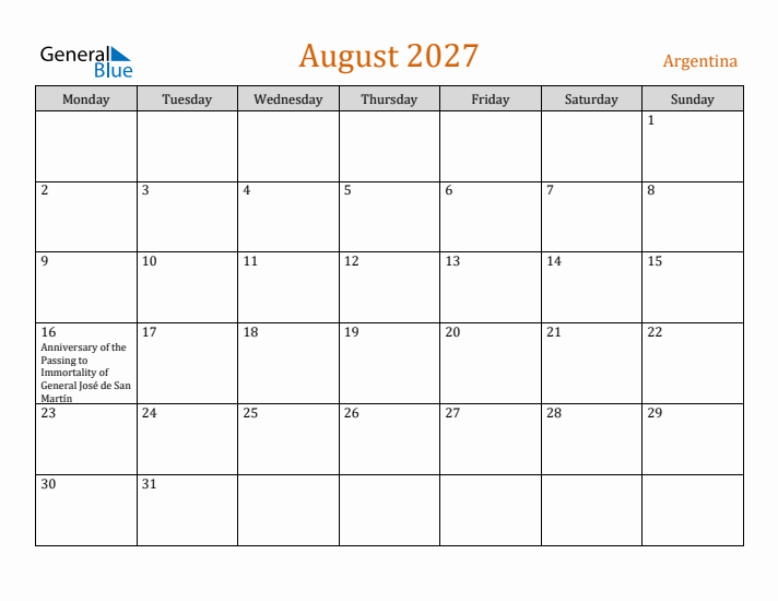 August 2027 Holiday Calendar with Monday Start