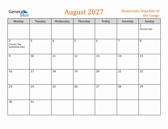August 2027 Holiday Calendar with Monday Start