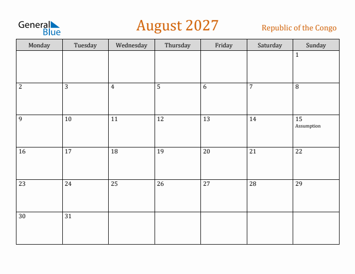 August 2027 Holiday Calendar with Monday Start
