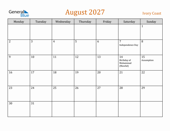 August 2027 Holiday Calendar with Monday Start