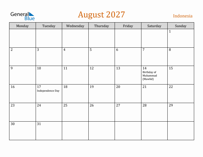 August 2027 Holiday Calendar with Monday Start