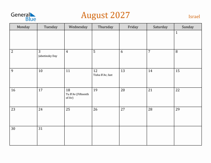August 2027 Holiday Calendar with Monday Start