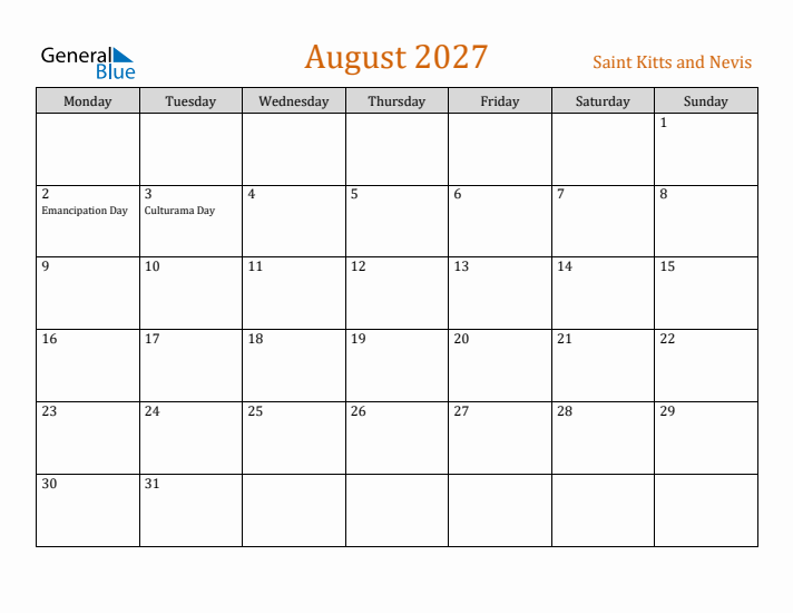 August 2027 Holiday Calendar with Monday Start