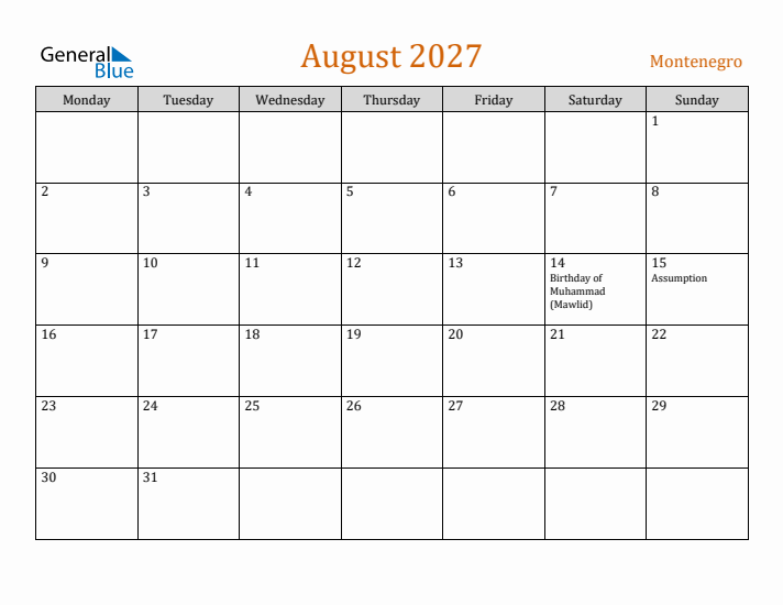 August 2027 Holiday Calendar with Monday Start
