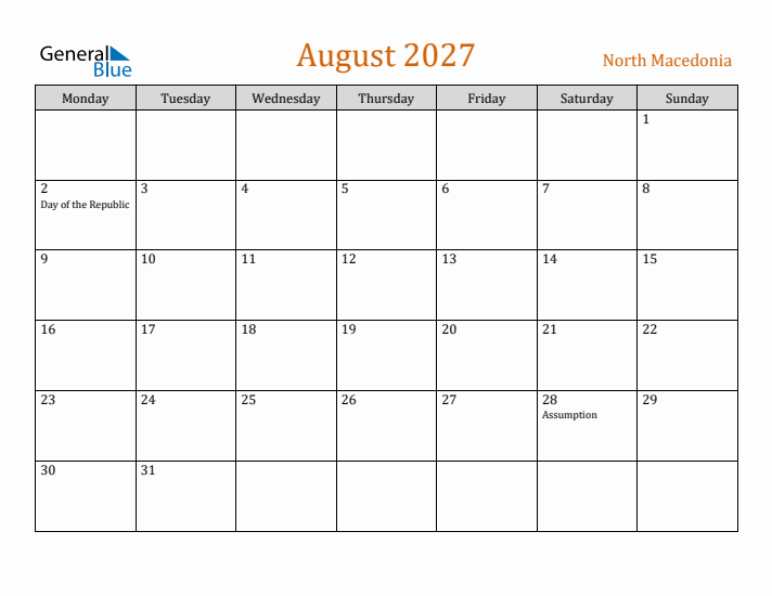 August 2027 Holiday Calendar with Monday Start