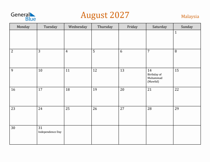 August 2027 Holiday Calendar with Monday Start