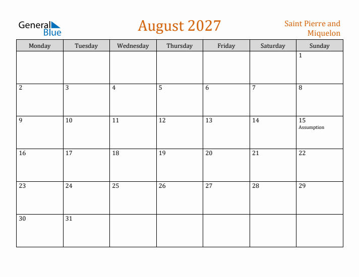 August 2027 Holiday Calendar with Monday Start