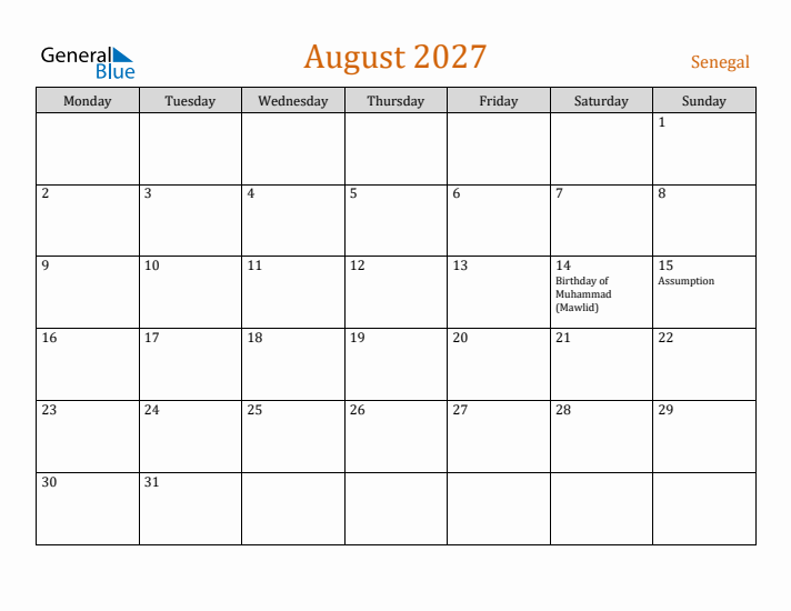 August 2027 Holiday Calendar with Monday Start