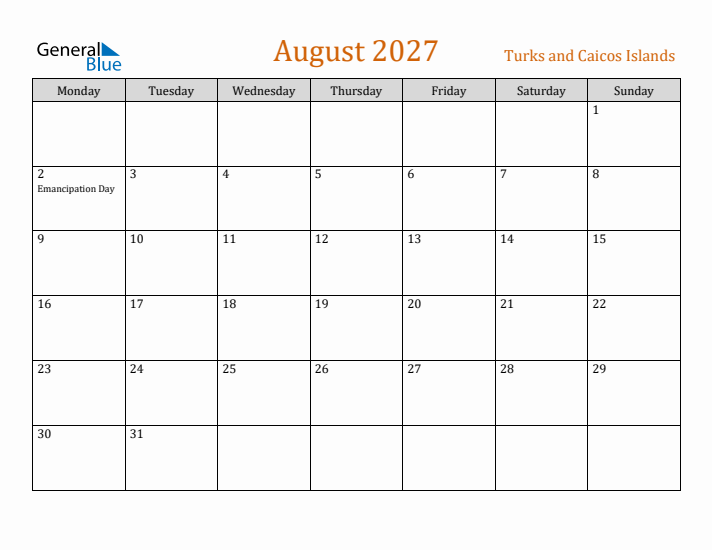 August 2027 Holiday Calendar with Monday Start