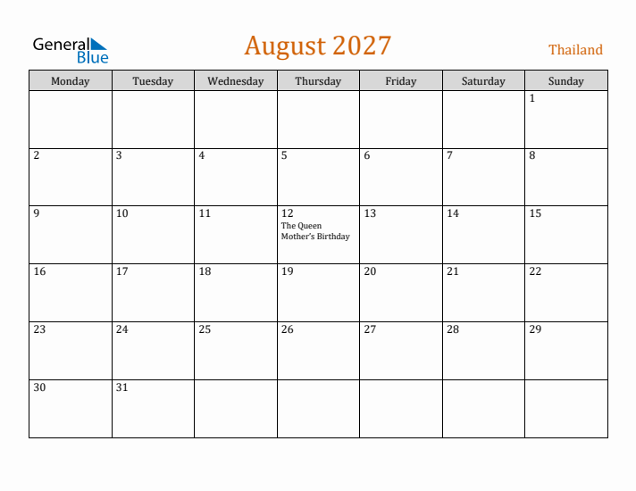 August 2027 Holiday Calendar with Monday Start